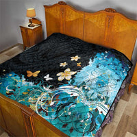 Blue Grunge Polynesian Pattern Quilt Plumeria Floral