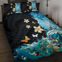Blue Grunge Polynesian Pattern Quilt Bed Set Plumeria Floral