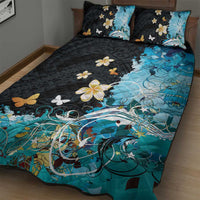 Blue Grunge Polynesian Pattern Quilt Bed Set Plumeria Floral