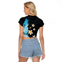 Blue Grunge Polynesian Pattern Raglan Cropped T Shirt Plumeria Floral LT01 - Polynesian Pride