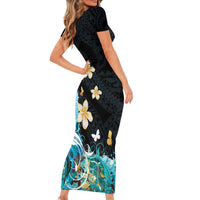 Blue Grunge Polynesian Pattern Short Sleeve Bodycon Dress Plumeria Floral