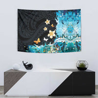 Blue Grunge Polynesian Pattern Tapestry Plumeria Floral