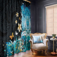 Blue Grunge Polynesian Pattern Window Curtain Plumeria Floral
