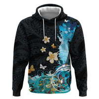 Blue Grunge Polynesian Pattern Zip Hoodie Plumeria Floral