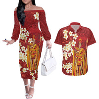 Hawaii King Kamehameha Couples Matching Off The Shoulder Long Sleeve Dress and Hawaiian Shirt Plumeria Lauhala Pattern LT01 Red - Polynesian Pride