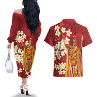 Hawaii King Kamehameha Couples Matching Off The Shoulder Long Sleeve Dress and Hawaiian Shirt Plumeria Lauhala Pattern LT01 - Polynesian Pride