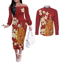Hawaii King Kamehameha Couples Matching Off The Shoulder Long Sleeve Dress and Long Sleeve Button Shirt Plumeria Lauhala Pattern LT01 Red - Polynesian Pride