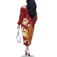 Hawaii King Kamehameha Family Matching Off The Shoulder Long Sleeve Dress and Hawaiian Shirt Plumeria Lauhala Pattern