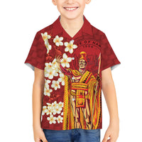 Hawaii King Kamehameha Family Matching Off Shoulder Maxi Dress and Hawaiian Shirt Plumeria Lauhala Pattern LT01 Son's Shirt Red - Polynesian Pride