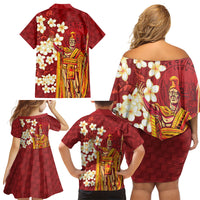 Hawaii King Kamehameha Family Matching Off Shoulder Short Dress and Hawaiian Shirt Plumeria Lauhala Pattern