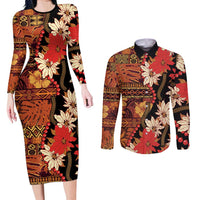 Hawaii Christmas Poinsettia Lei Couples Matching Long Sleeve Bodycon Dress and Long Sleeve Button Shirt Tapa Pattern - Polynesian Pride