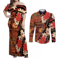 Hawaii Christmas Poinsettia Lei Couples Matching Off Shoulder Maxi Dress and Long Sleeve Button Shirt Tapa Pattern - Polynesian Pride