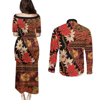 Hawaii Christmas Poinsettia Lei Couples Matching Puletasi and Long Sleeve Button Shirt Tapa Pattern - Polynesian Pride