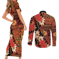 Hawaii Christmas Poinsettia Lei Couples Matching Short Sleeve Bodycon Dress and Long Sleeve Button Shirt Tapa Pattern - Polynesian Pride