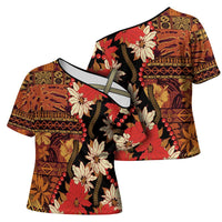Hawaii Christmas Poinsettia Lei Cross Shoulder Shirt Tapa Pattern - Polynesian Pride