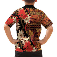 Hawaii Christmas Poinsettia Lei Family Matching Long Sleeve Bodycon Dress and Hawaiian Shirt Tapa Pattern - Polynesian Pride