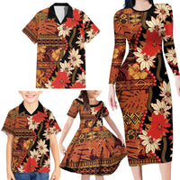 Hawaii Christmas Poinsettia Lei Family Matching Long Sleeve Bodycon Dress and Hawaiian Shirt Tapa Pattern - Polynesian Pride