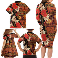 Hawaii Christmas Poinsettia Lei Family Matching Long Sleeve Bodycon Dress and Hawaiian Shirt Tapa Pattern - Polynesian Pride