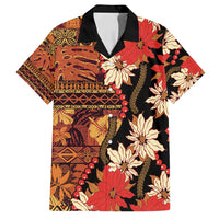 Hawaii Christmas Poinsettia Lei Family Matching Long Sleeve Bodycon Dress and Hawaiian Shirt Tapa Pattern - Polynesian Pride