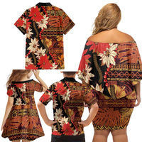 Hawaii Christmas Poinsettia Lei Family Matching Off Shoulder Short Dress and Hawaiian Shirt Tapa Pattern - Polynesian Pride