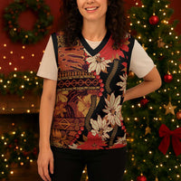 Hawaii Christmas Poinsettia Lei Christmas Knitted V-Neck Vest Tapa Pattern - Polynesian Pride