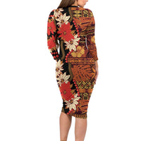 Hawaii Christmas Poinsettia Lei Long Sleeve Bodycon Dress Tapa Pattern - Polynesian Pride