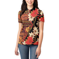 Hawaii Christmas Poinsettia Lei Women Polo Shirt Tapa Pattern - Polynesian Pride