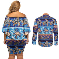 Hawaii Turtles Pattern Special Blue Couples Matching Off Shoulder Short Dress and Long Sleeve Button Shirt - Polynesian Pride