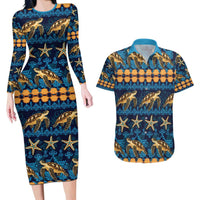 Hawaii Turtles Starfish Unique Pattern Couples Matching Long Sleeve Bodycon Dress and Hawaiian Shirt - Polynesian Pride