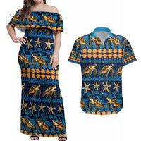 Hawaii Turtles Starfish Unique Pattern Couples Matching Off Shoulder Maxi Dress and Hawaiian Shirt - Polynesian Pride
