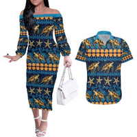 Hawaii Turtles Starfish Unique Pattern Couples Matching Off The Shoulder Long Sleeve Dress and Hawaiian Shirt - Polynesian Pride