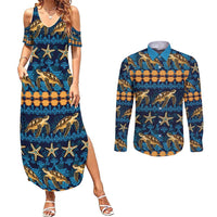 Hawaii Turtles Starfish Unique Pattern Couples Matching Summer Maxi Dress and Long Sleeve Button Shirt - Polynesian Pride