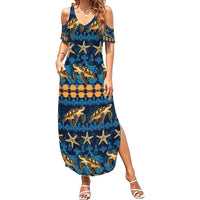 Hawaii Turtles Starfish Unique Pattern Family Matching Summer Maxi Dress and Hawaiian Shirt - Polynesian Pride