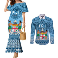 Fiji Rugby Couples Matching Mermaid Dress and Long Sleeve Button Shirts Fijian Go 2023 World Cup LT01 Blue - Polynesian Pride
