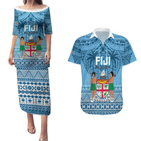 Fiji Rugby Couples Matching Puletasi Dress and Hawaiian Shirt Fijian Go 2023 World Cup LT01 Blue - Polynesian Pride