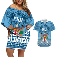 Custom Fiji Rugby Couples Matching Off Shoulder Short Dress and Hawaiian Shirt Fijian Go 2023 World Cup LT01 Blue - Polynesian Pride