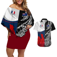 Custom New Zealand And France Rugby Couples Matching Off Shoulder Short Dress and Hawaiian Shirt XV de France Kiwi Silver Fern 2023 World Cup LT01 Black - Polynesian Pride