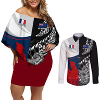 Custom New Zealand And France Rugby Couples Matching Off Shoulder Short Dress and Long Sleeve Button Shirts XV de France Kiwi Silver Fern 2023 World Cup LT01 Black - Polynesian Pride