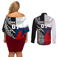 Custom New Zealand And France Rugby Couples Matching Off Shoulder Short Dress and Long Sleeve Button Shirts XV de France Kiwi Silver Fern 2023 World Cup LT01 - Polynesian Pride