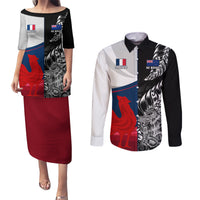 Custom New Zealand And France Rugby Couples Matching Puletasi Dress and Long Sleeve Button Shirts XV de France Kiwi Silver Fern 2023 World Cup LT01 Black - Polynesian Pride