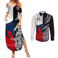 Custom New Zealand And France Rugby Couples Matching Summer Maxi Dress and Long Sleeve Button Shirts XV de France Kiwi Silver Fern 2023 World Cup LT01 Black - Polynesian Pride