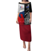 Custom New Zealand And France Rugby Puletasi XV de France Kiwi Silver Fern 2023 World Cup LT01 Long Dress Black - Polynesian Pride