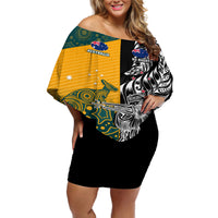 Custom New Zealand And Australia Rugby Off Shoulder Short Dress Wallabies Kiwi Silver Fern 2023 World Cup LT01 Women Black - Polynesian Pride