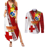 Tonga Rugby Couples Matching Summer Maxi Dress and Long Sleeve Button Shirts Tongan Go 2023 World Cup LT01 Red - Polynesian Pride