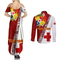 Tonga Rugby Couples Matching Summer Maxi Dress and Long Sleeve Button Shirts Tongan Go 2023 World Cup LT01 - Polynesian Pride