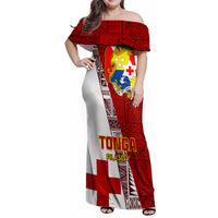 Custom Tonga Rugby Family Matching Off Shoulder Maxi Dress and Hawaiian Shirt Tongan Go 2023 World Cup LT01 Mom's Dress Red - Polynesian Pride