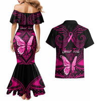 Personalised Pink Out Couples Matching Mermaid Dress and Hawaiian Shirt Breast Cancer Awareness Polynesian Pattern Black Version LT01 - Polynesian Pride