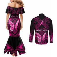 Personalised Pink Out Couples Matching Mermaid Dress and Long Sleeve Button Shirts Breast Cancer Awareness Polynesian Pattern Black Version LT01 - Polynesian Pride