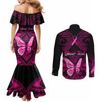 Personalised Pink Out Couples Matching Mermaid Dress and Long Sleeve Button Shirts Breast Cancer Awareness Polynesian Pattern Black Version LT01 - Polynesian Pride