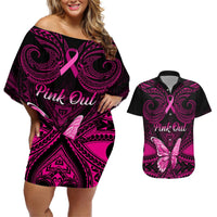 Personalised Pink Out Couples Matching Off Shoulder Short Dress and Hawaiian Shirt Breast Cancer Awareness Polynesian Pattern Black Version LT01 Black - Polynesian Pride